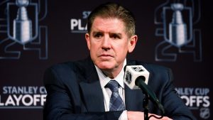 New York Rangers coach Peter Laviolette speaks during a news conference following the team's win over the Carolina Hurricanes in Game 6 of an NHL hockey Stanley Cup second-round playoff series in Raleigh, N.C., Thursday, May 16, 2024. (Karl B DeBlaker/AP)