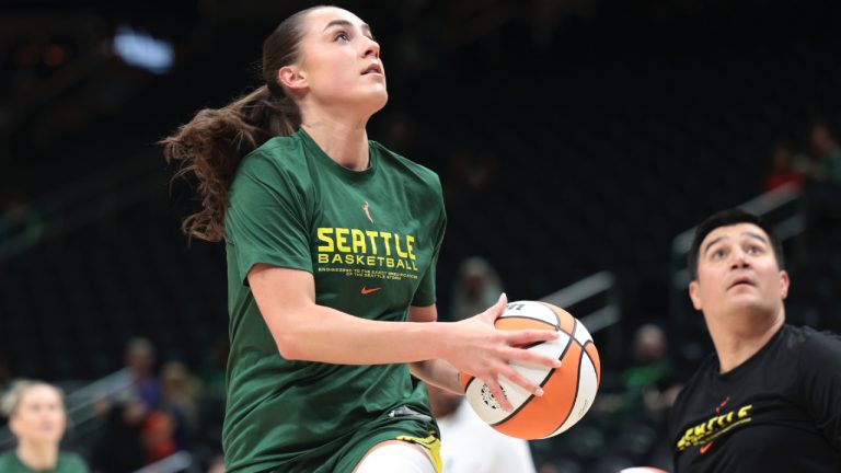 Seattle Storm guard Nika Muhl warms up for the team's WNBA basketball game against the Indiana Fever, Wednesday, May 22, 2024, in Seattle. (Jason Redmond/AP)