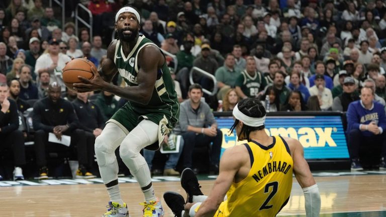 Milwaukee Bucks' Patrick Beverley shoots past Indiana Pacers' Andrew Nembhard during the first half of Game 5 of the NBA playoff basketball series Tuesday, April 30, 2024, in Milwaukee. (Morry Gash/AP Photo)