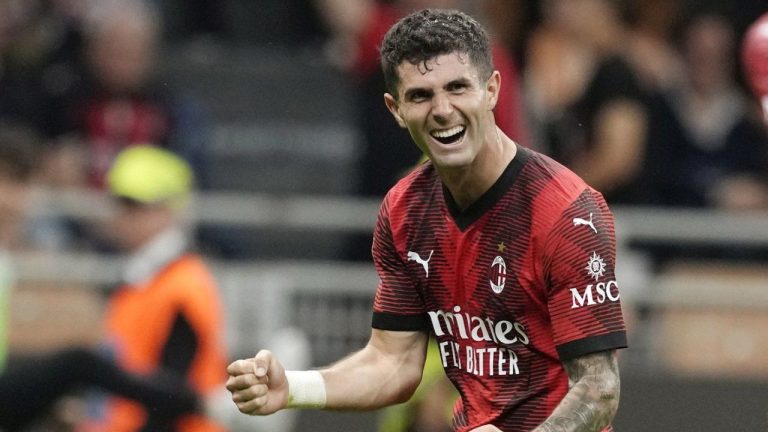 AC Milan's Christian Pulisic celebrates after scoring his side's fifth goal during the Serie A soccer match between AC Milan and Cagliari at the San Siro stadium, in Milan, Italy, Saturday, May 11, 2024. (Antonio Calanni/AP Photo)
