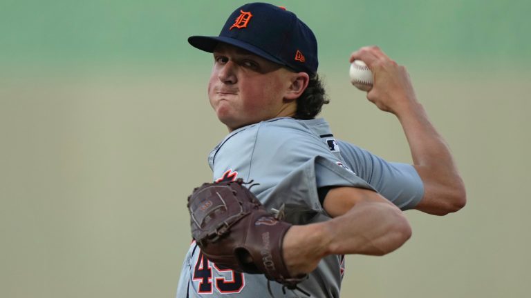 Detroit Tigers starting pitcher Reese Olson throws during the first inning of a baseball game against the Kansas City Royals Monday, May 20, 2024, in Kansas City, Mo. (Charlie Riedel/AP)