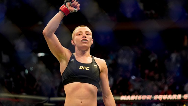 Rose Namajunas reacts after defeating Weili Zhang during a straw weight mixed martial arts championship bout at UFC 268, Sunday, Nov. 7, 2021, in New York. (Corey Sipkin/AP)