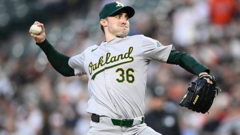 Oakland Athletics starting pitcher Ross Stripling throws during the second inning of a baseball game against the Baltimore Orioles, Friday, April 26, 2024, in Baltimore. (Nick Wass/AP)