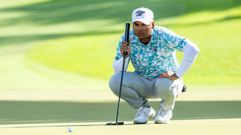 Sebastian Munoz of Torque GC reads his putt on the ninth green during the first round of LIV Golf Singapore at Sentosa Golf Club on Friday, May 03, 2024 in Sentosa, Singapore. (Doug DeFelice/LIV Golf via AP)