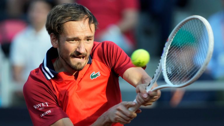 Russia's Daniil Medvedev returns the ball to United States' Tommy Paul at the Italian Open tennis tournament in Rome, Tuesday, May 14, 2024. (Andrew Medichini/AP)