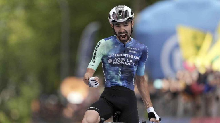 France's Valentin Paret-Peintre celebrates winning the 10th stage of the Giro d'Italia, Tour of Italy cycling race from Pompei to Cusano Mutri, Italy. (Massimo Paolone/AP)
