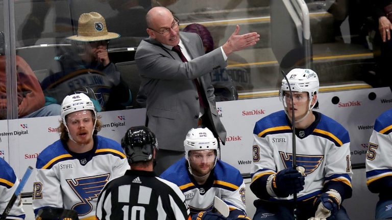 St. Louis Blues interim coach Drew Bannister gestures during the team's NHL hockey game against the San Jose Sharks in San Jose, Calif., Saturday, April 6, 2024. (Scot Tucker/AP)