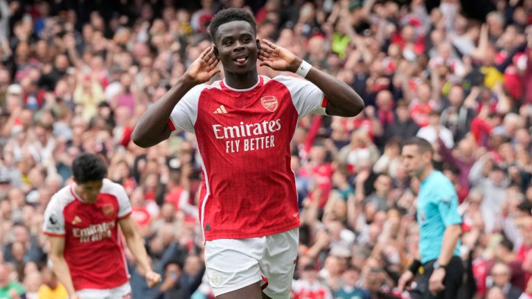 Bukayo Saka was left out of Arsenal's squad for the season-ending game against Everton because of a “slight muscle issue,” the club said. (Frank Augstein/AP)