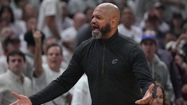 Cleveland Cavaliers coach J.B. Bickerstaff gestures to an official during the first half of Game 3 of the team's NBA basketball second-round playoff series against the Boston Celtics, Saturday, May 11, 2024, in Cleveland. (Sue Ogrocki/AP)