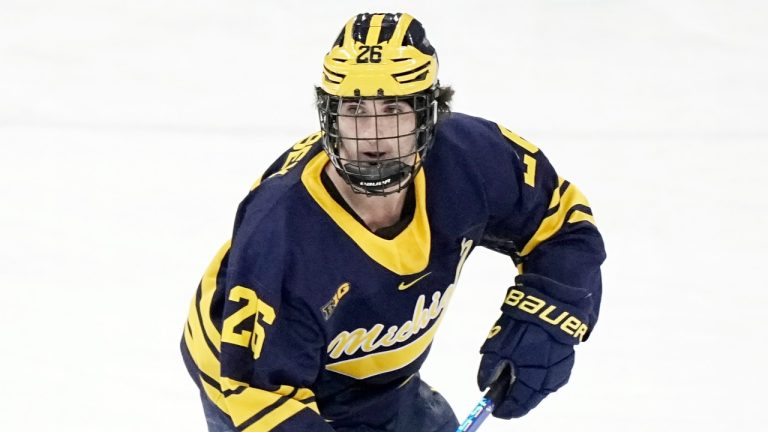 Michigan's Seamus Casey (26) against Wisconsin during the third period of an NCAA hockey game on Saturday, Nov. 4, 2023, in Madison, Wis. (Andy Manis/AP)