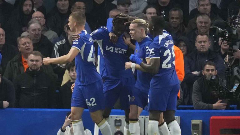 Chelsea's Trevoh Chalobah, centre, celebrates after scoring his side's opening goal during the English Premier League soccer match between Chelsea and Tottenham Hotspur at Stamford Bridge stadium. (Kirsty Wigglesworth/AP)
