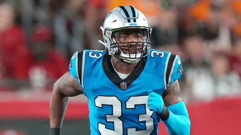 Carolina Panthers running back Tarik Cohen (33) covers a kick during an NFL football game against the Tampa Bay Buccaneers, Sunday, Dec. 3, 2023, in Tampa, Fla. (Peter Joneleit/AP)