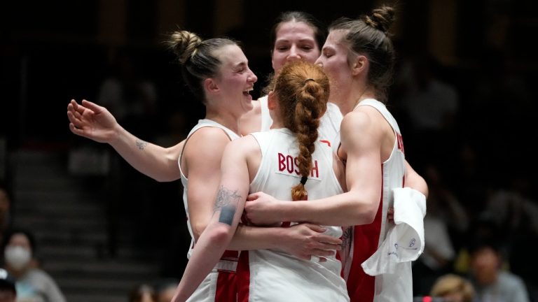 Canadian team members celebrate after winning over the Netherlands during a women's 3x3 basketball match of FIBA Universality Olympic Qualifying Tournament, Saturday, May 4, 2024, in Utsunomiya, north of Tokyo, Japan. (Shuji Kajiyama/AP)