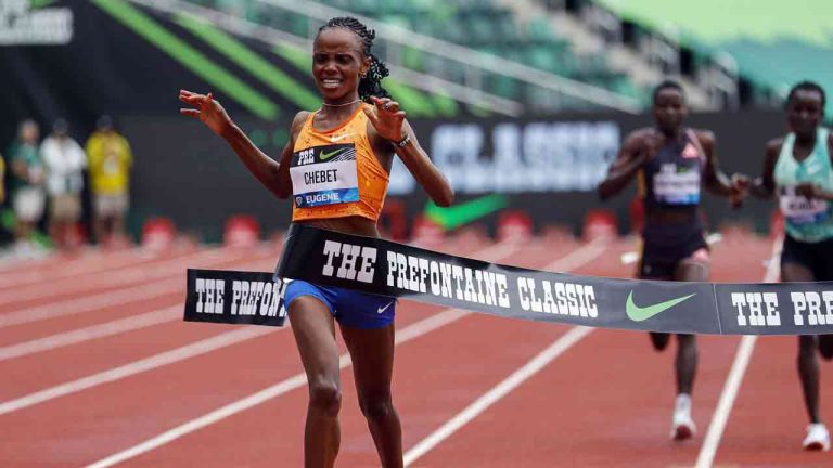 Beatrice Chebet of Kenya, sets a world record in the 10,000 with a time of 28:54.14, during the Prefontaine Classic track and field meet Saturday, May 25, 2024, in Eugene, Ore. (Thomas Boyd/AP)