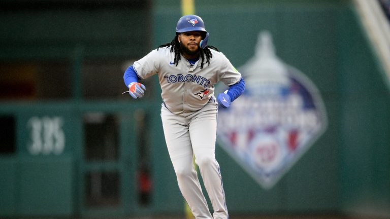 Toronto Blue Jays' Vladimir Guerrero Jr. takes a lead from first base during the first inning of a baseball game against the Washington Nationals, Saturday, May 4, 2024, in Washington. (Nick Wass/AP Photo)
