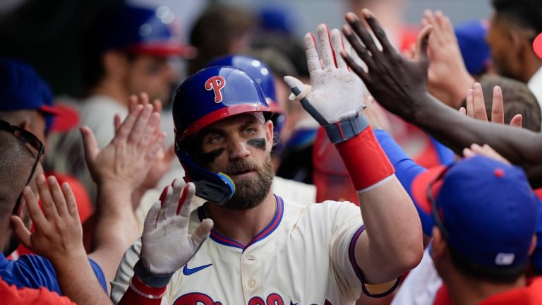 Philadelphia Phillies' Bryce Harper celebrates after his three-run home run off San Francisco Giants pitcher Mason Black during the fifth inning of a baseball game, Monday, May 6, 2024, in Philadelphia. (Matt Rourke/AP Photo)