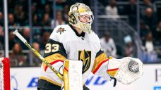 Golden Knights goalie Adin Hill exits vs. Flames after shot off mask
