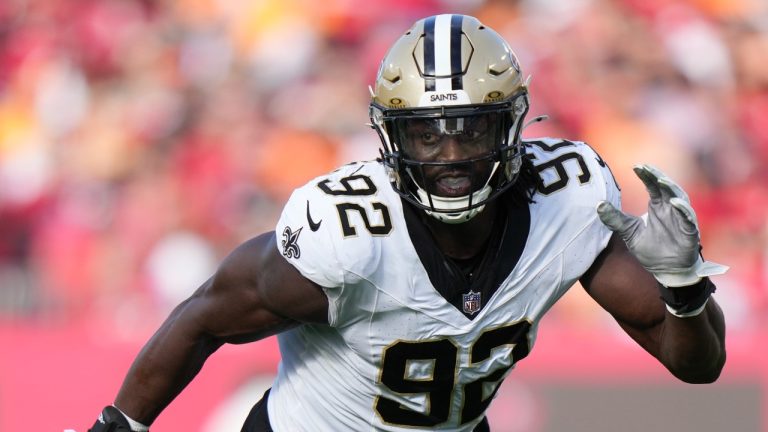 New Orleans Saints defensive end Tanoh Kpassagnon (92) rushes the passer during an NFL football game against the Tampa Bay Buccaneers, Sunday, Dec. 31, 2023, in Tampa, Fla. (Peter Joneleit/AP)