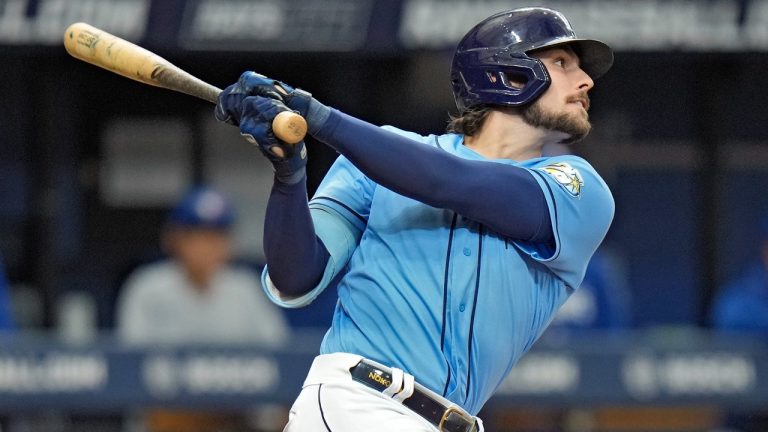 Tampa Bay Rays' Josh Lowe flies out during the third inning of a baseball game. (Chris O'Meara/AP)
