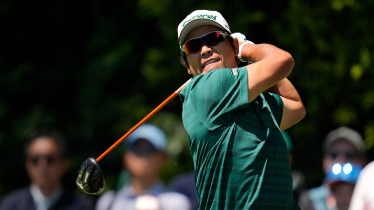 Hideki Matsuyama, of Japan, watches his tee shot on the 14th hole during third round at the Masters golf tournament at Augusta National Golf Club Saturday, April 13, 2024, in Augusta, Ga. (Ashley Landis/AP)