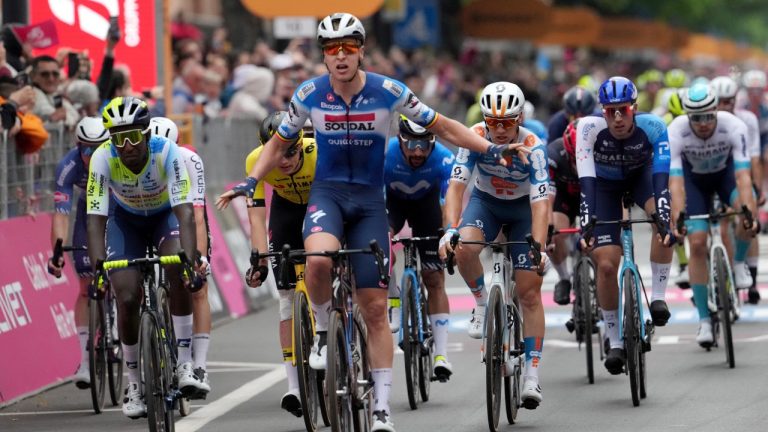 Belgium's Tim Merlier of Soudal Quick-Step team celebrates as he won the third stage of the Giro d'Italia from Novara to Fossano, Italy, May 06, 2024. (Gian Mattia D'Alberto/LaPresse via AP)