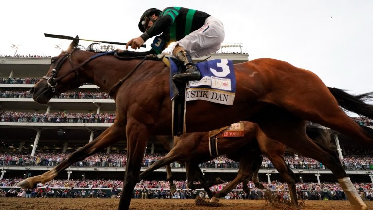 Brian Hernandez Jr. rides Mystik Dan across the finish line to win the 150th running of the Kentucky Derby horse race at Churchill Downs Saturday, May 4, 2024, in Louisville, Ky. (Jeff Roberson/AP)