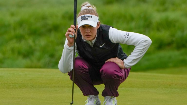 Nelly Korda lines up a shot on the 14th green during the first round of the Mizuho Americas Open golf tournament, Thursday, May 16, 2024, in Jersey City, N.J. (Seth Wenig/AP)