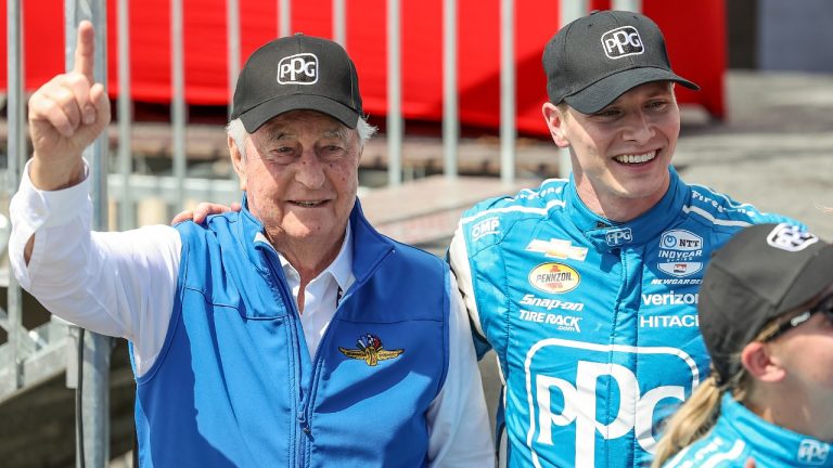 FILE - Team Penske driver Josef Newgarden, right, celebrates his victory with team owner Roger Penske after the IndyCar Grand Prix of St. Petersburg auto race, Sunday, March 10, 2024, in St. Petersburg, Fla. (Mike Carlson/AP)