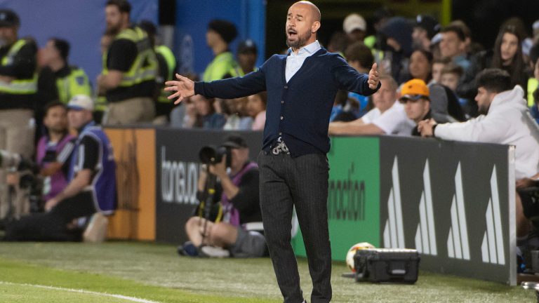 CF Montreal head coach, Laurent Courtois, reacts to a referee's call during the second half of a game against Nashville SC, May 25, 2024. (Peter McCabe/CP)