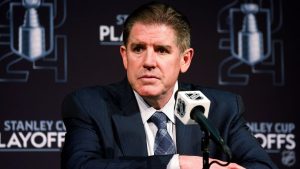 New York Rangers coach Peter Laviolette speaks during a news conference following the team's win over the Carolina Hurricanes in Game 6 of an NHL hockey Stanley Cup second-round playoff series in Raleigh, N.C., Thursday, May 16, 2024. (Karl B DeBlaker/AP Photo)