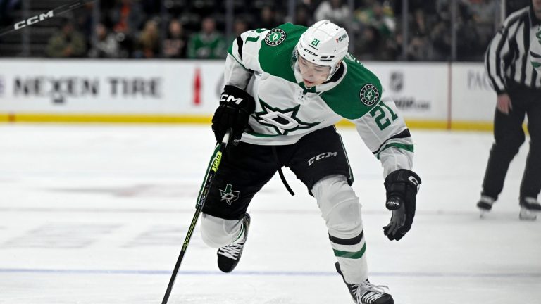 Dallas Stars left wing Jason Robertson controls the puck against the Anaheim Ducks during the second period of an NHL hockey game in Anaheim, Calif., Friday, March 8, 2024. (Alex Gallardo/AP Photo)