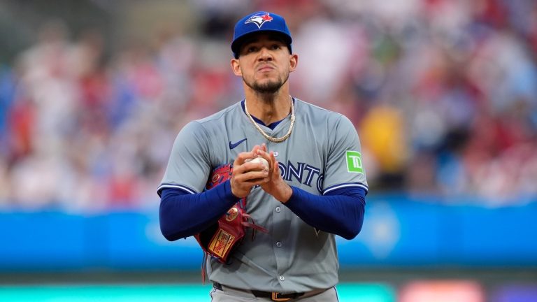 Toronto Blue Jays pitcher Jose Berrios reacts after giving up a two-run home run to Philadelphia Phillies' Kody Clemens during the second inning of a baseball game, Tuesday, May 7, 2024, in Philadelphia. (Matt Slocum/AP)