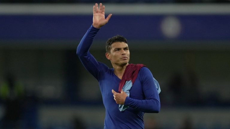 Chelsea's Thiago Silva applauds fans at the end of the English FA Cup fourth round soccer match between Chelsea and Aston Villa at the Stamford Bridge stadium in London, Friday, Jan. 26, 2024. (Kin Cheung/AP)