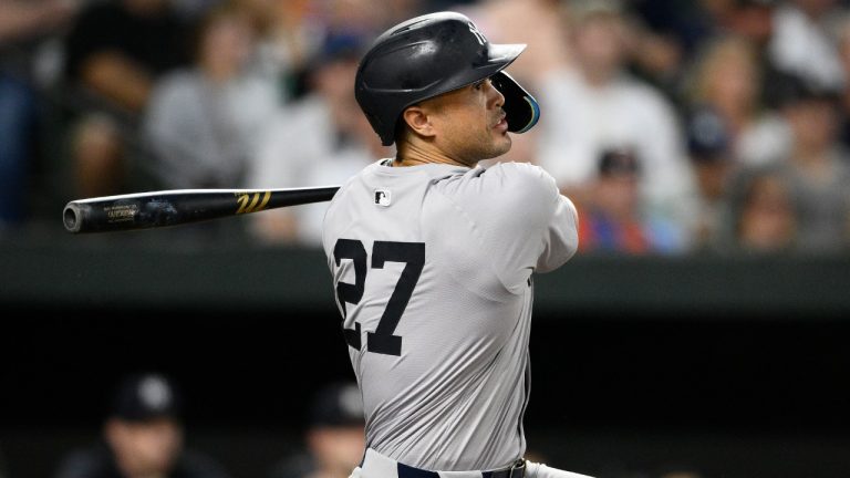 New York Yankees' Giancarlo Stanton in action during a baseball game against the Baltimore Orioles, Wednesday, May 1, 2024, in Baltimore. (Nick Wass/AP)