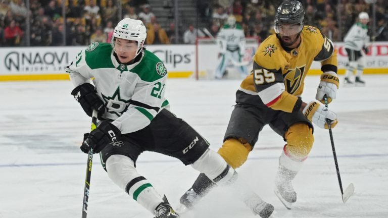Dallas Stars centre Logan Stankoven (11) attempts a shot around Vegas Golden Knights defenceman Shea Theodore (27) during the first period in Game 6 of an NHL hockey Stanley Cup first-round playoff series Friday, May 3, 2024, in Las Vegas. (John Locher/AP)