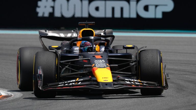 Red Bull driver Max Verstappen of the Netherlands steers his car during the Sprint race at the Formula One Miami Grand Prix auto race, Saturday, May 4, 2024, in Miami Gardens, Fla. (Rebecca Blackwell/AP)