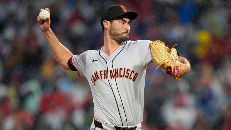 San Francisco Giants' Mitch White pitches during the first inning of a baseball game against the Philadelphia Phillies, Saturday, May 4, 2024, in Philadelphia. (Matt Slocum/AP)