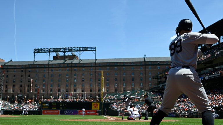New York Yankees' Aaron Judge in action during a baseball game against the Baltimore Orioles, May 2, 2024. (AP Photo/Nick Wass)