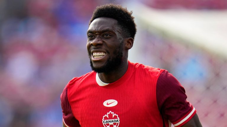 Canada forward Alphonso Davies (19) jogs up field after taking a shot in the second half of a CONCACAF Nations League Play-In soccer match against Trinidad And Tobago, Saturday, March 23, 2024, in Frisco, Texas. (AP/Julio Cortez)