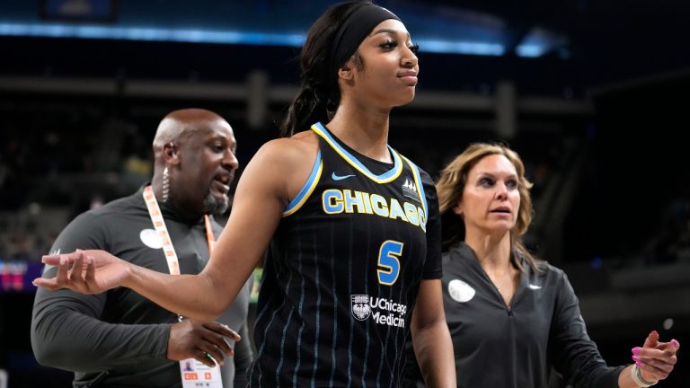 Chicago Sky's Angel Reese heads to the locker room after being ejected from a WNBA basketball game against the New York Liberty during the second half Tuesday, June 4, 2024, in Chicago. (Charles Rex Arbogast/AP)