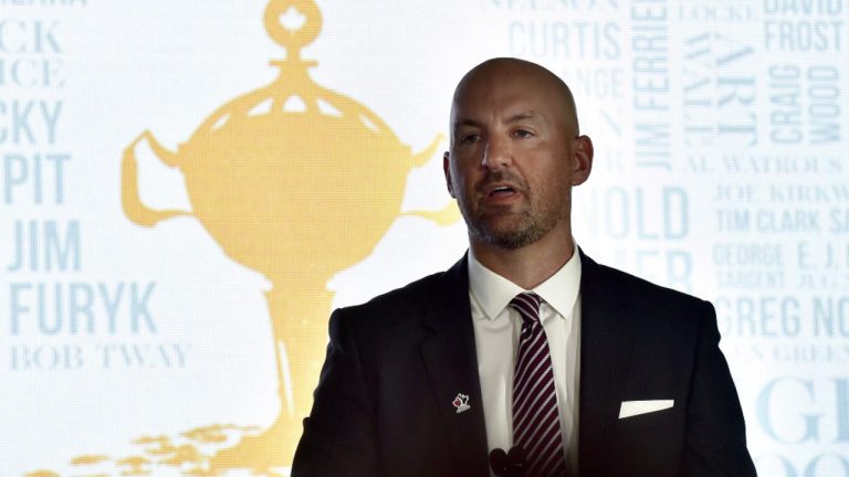 Golf Canada CEO Laurence Applebaum speaks during a media event at Glen Abbey golf course in Oakville, Ont., on Tuesday, July 3, 2018. (Frank Gunn/CP)
