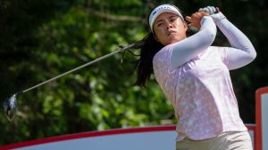 Arpichaya Yubol, of Thailand, tees off on the 18th hole during the first round of the ShopRite LPGA Classic golf tournament, Friday, June 7, 2024, in Galloway, N.J.(Chris Szagola/AP)