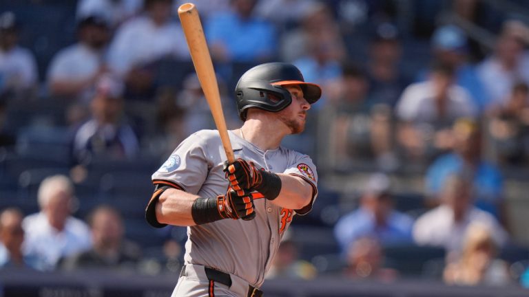 Baltimore Orioles' Ryan O'Hearn follows through on a RBI single during the first inning of a baseball game against the New York Yankees, Thursday, June 20, 2024, in New York. (Frank Franklin II/AP)