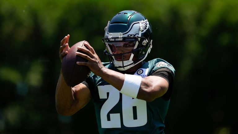 Philadelphia Eagles running back Saquon Barkley catches a pass during practice at the NFL football team's training facility, Wednesday, May 22, 2024, in Philadelphia. (Matt Rourke/AP)