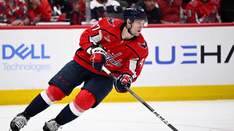 Washington Capitals left wing Beck Malenstyn in action during the second period of an NHL hockey game against the Boston Bruins, Monday, April 15, 2024, in Washington. (Nick Wass/AP Photo)