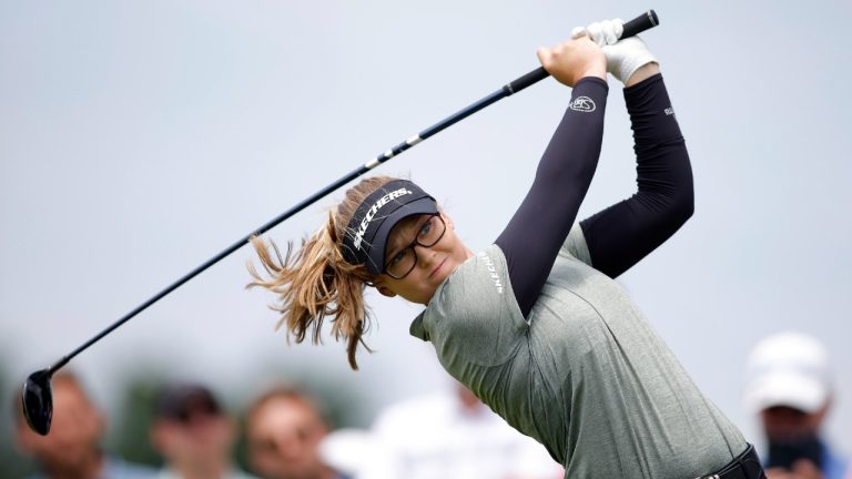 Brooke M. Henderson of Canada watches her tee shot on the second hole during the first round of the Meijer LPGA Classic golf tournament, Thursday, June 13, 2024, in Belmont, Mich. (Al Goldis/AP)