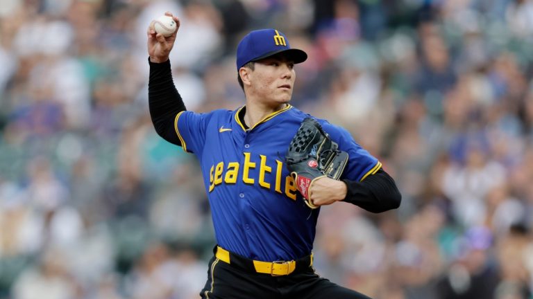 Seattle Mariners' Bryan Woo throws during a game against the Los Angeles Angels, May 31, 2024. (AP Photo/John Froschauer)