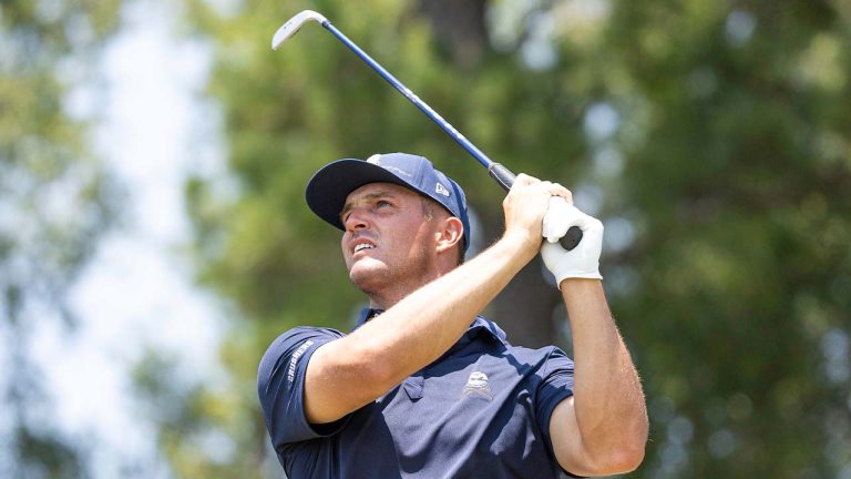 Captain Bryson DeChambeau of Crushers GC hits his shot from the seventh tee during the final round of LIV Golf Houston at Golf Club of Houston on Sunday, June 09, 2024 in Humble, Texas. (Sam Greenwood/AP)