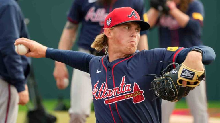 Atlanta Braves pitcher Hurston Waldrep throws in the bullpen during spring training in North Port, Fla., Monday, Feb. 19, 2024. (Gerald Herbert/AP)