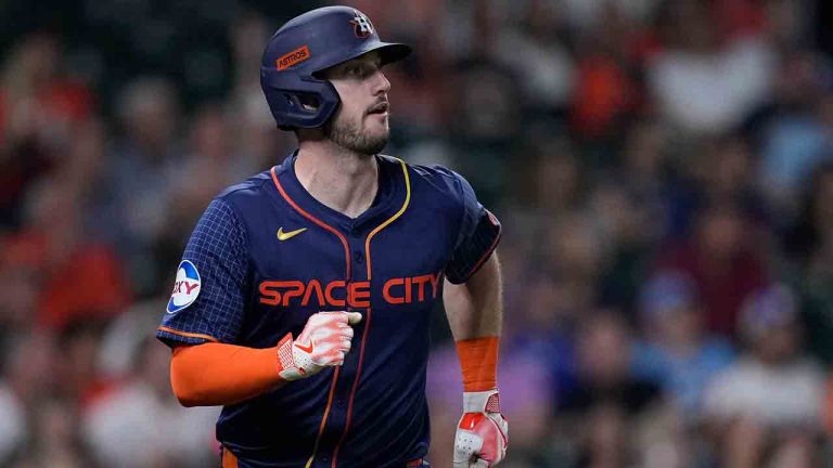 Houston Astros' Kyle Tucker watches his two-run home run during the seventh inning of a baseball game against the Toronto Blue Jays, Monday, April 1, 2024, in Houston. (Kevin M. Cox/AP)